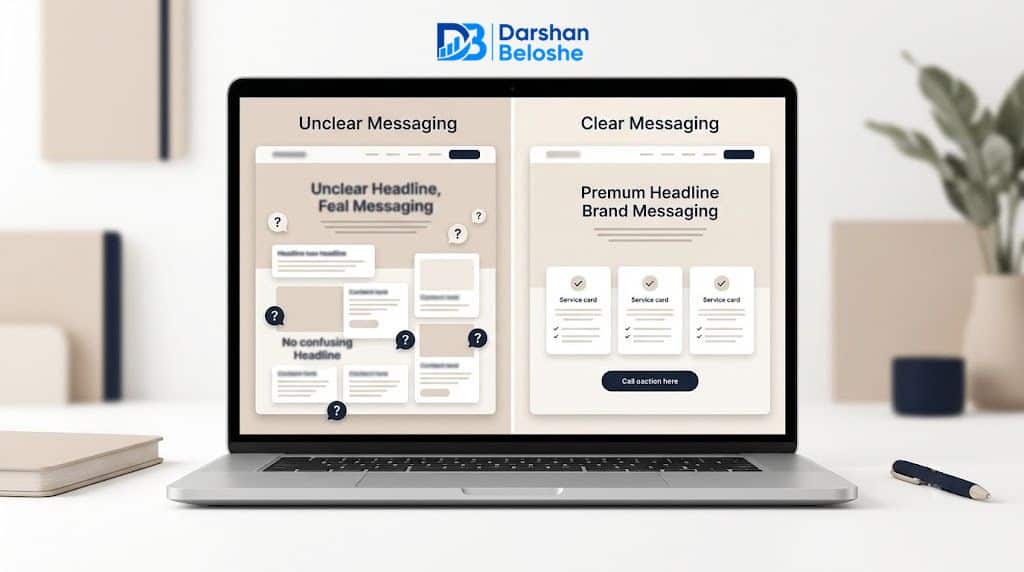 Comparison between vague website messaging and clear brand messaging on a laptop screen