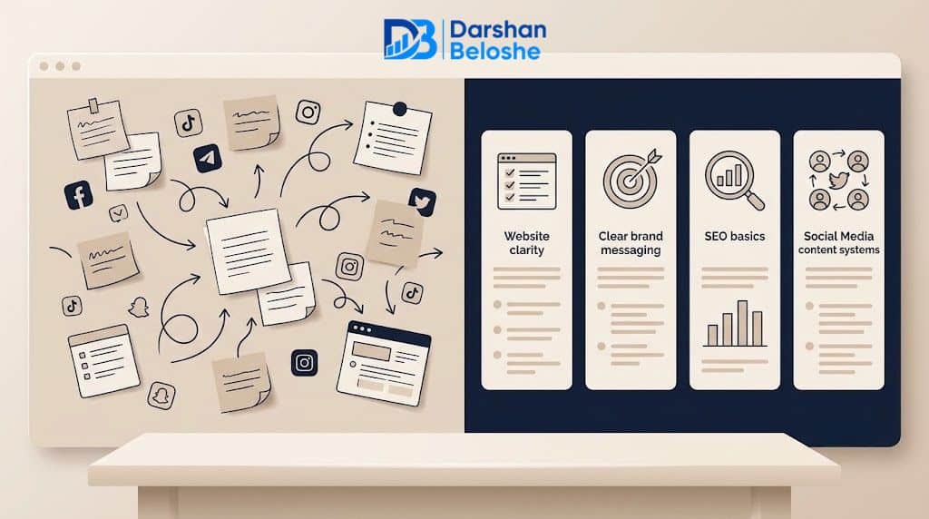 Visual showing scattered content ideas being organized into clear brand content pillars