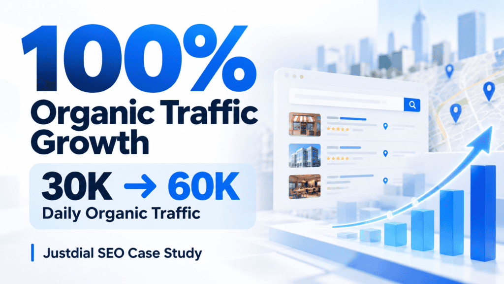 Justdial SEO case study showing organic traffic growth from 30K to 60K daily